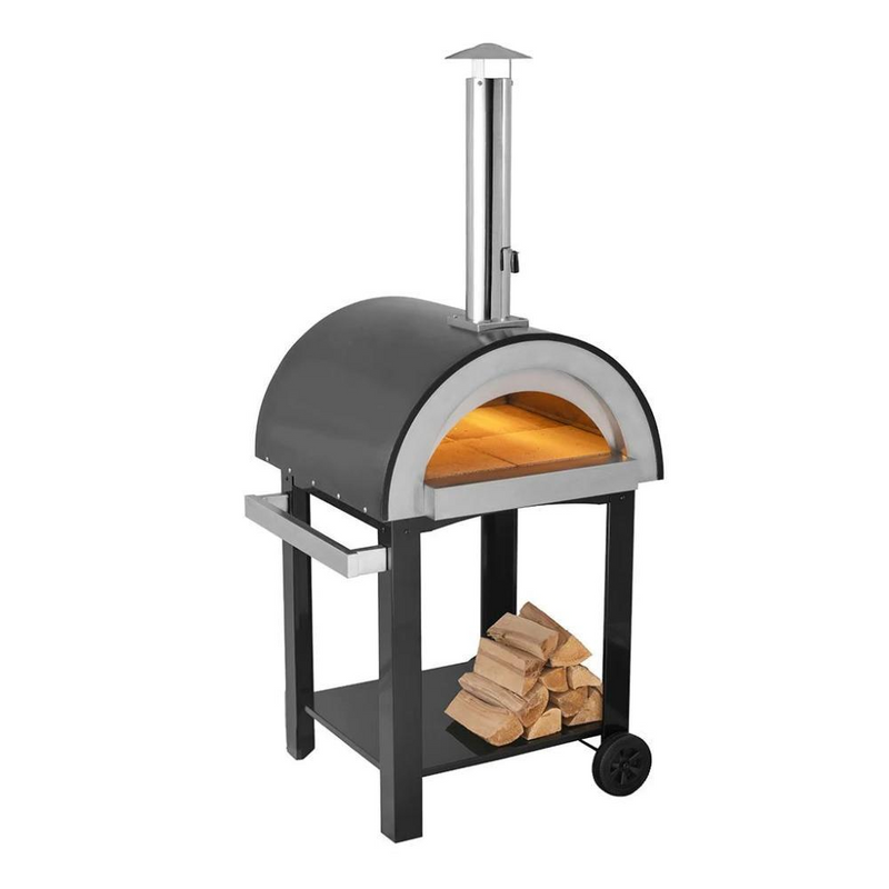 Stainless Steel Outdoor Pizza Oven with Trolley – Wood & Gas Fired Portable Pizza Oven for Backyard Cooking